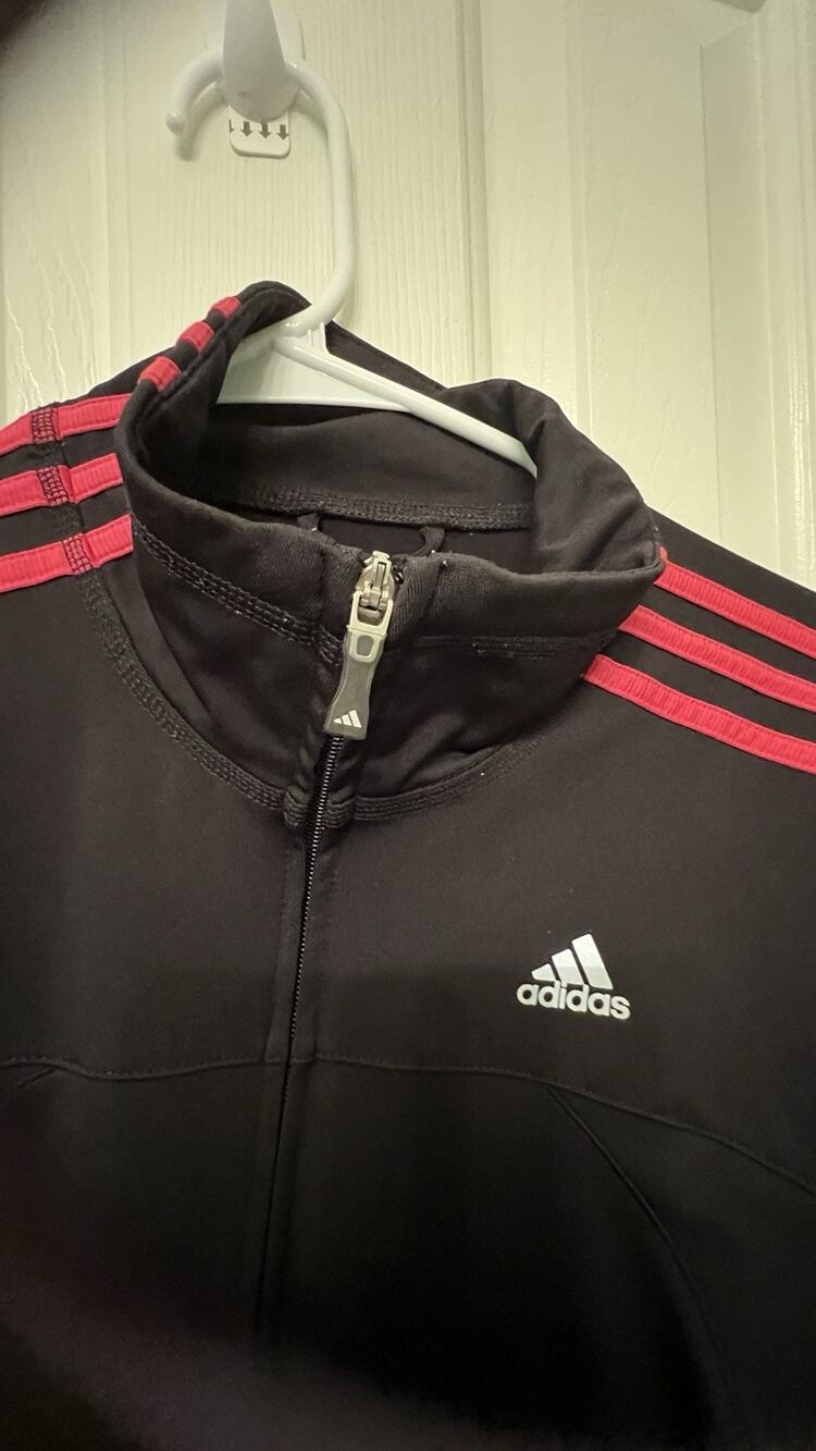 Adidas Women’s Medium Black Track Jacket Pink 3 Stripes Full Zip Athletic